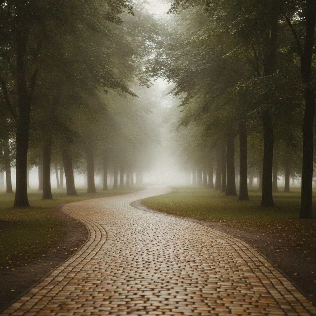 Kronkelend parkpad met klinkers omgeven door hoge groene bomen op een mistige ochtend