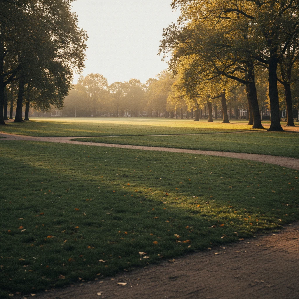 Groen stadspark in Amsterdam met open grasveld en bomen op een zonnige ochtend