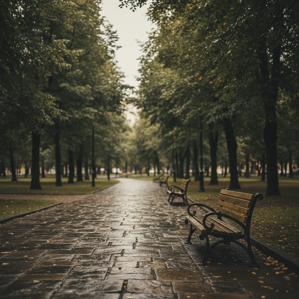 Groen stadspark met grasvelden, paden en volwassen bomen op een bewolkte dag